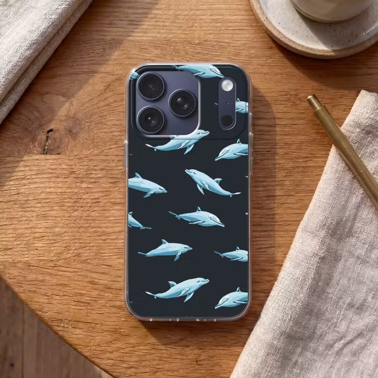 Dolfijnen - Patroon - Blauw - Grijs Telefoonhoesje iPhone 17 Pro klein -sfeer1