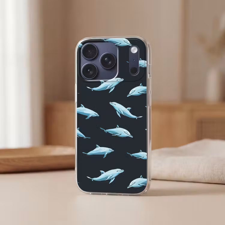 Dolfijnen - Patroon - Blauw - Grijs Telefoonhoesje iPhone 17 Pro klein -sfeer2