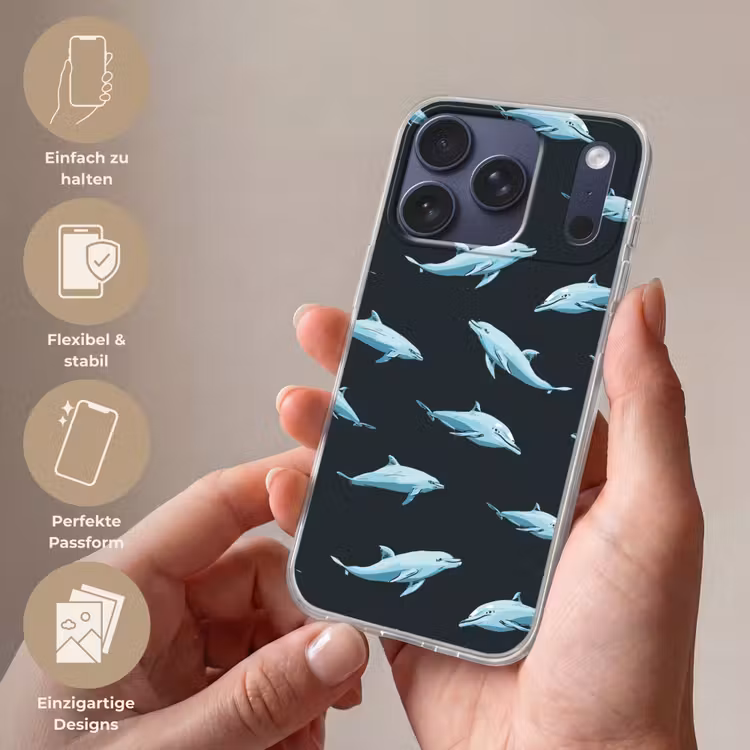 Dolfijnen - Patroon - Blauw - Grijs Telefoonhoesje iPhone 17 Pro klein -sfeer3_DE