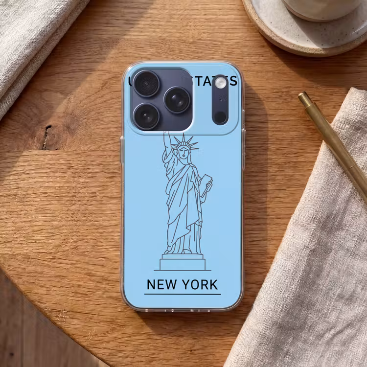 Monument - Vrijheidsbeeld - New York - Minimalistisch - Blauw Telefoonhoesje iPhone 17 Pro klein -sfeer1