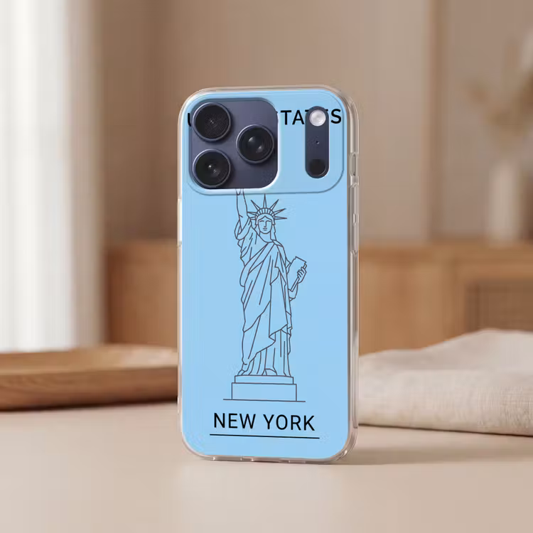 Monument - Vrijheidsbeeld - New York - Minimalistisch - Blauw Telefoonhoesje iPhone 17 Pro klein -sfeer2
