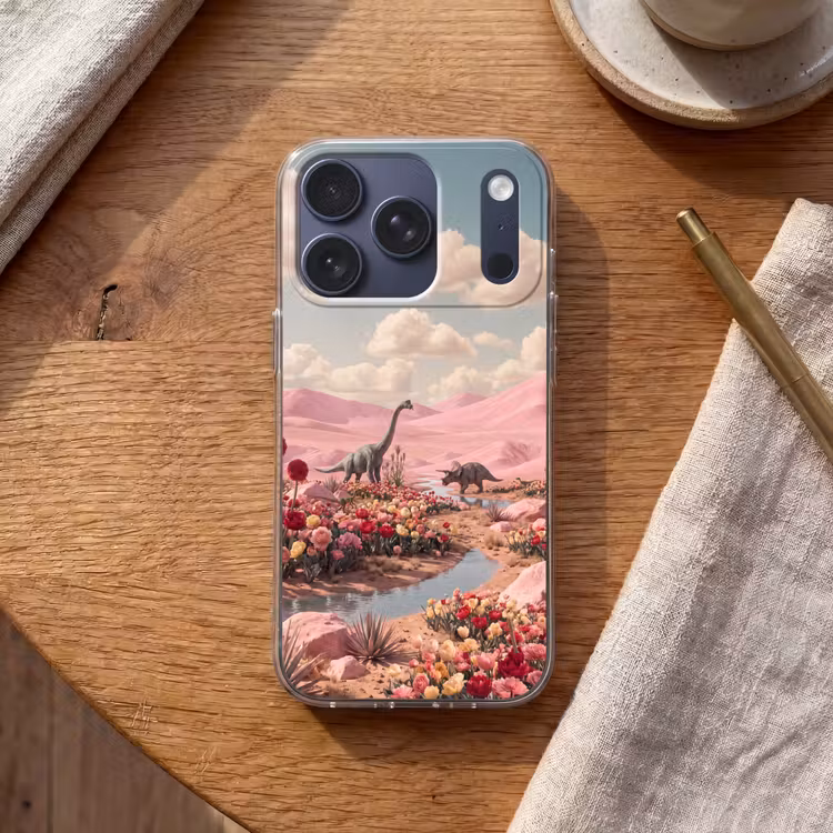 Handyhülle - Dinosaurier – Rosa – Landschaft - Dinosaurus - Roze - Landschap Telefoonhoesje iPhone 17 Pro klein