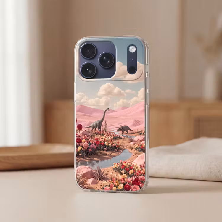 Handyhülle - Dinosaurier – Rosa – Landschaft - Dinosaurus - Roze - Landschap Telefoonhoesje iPhone 17 Pro klein