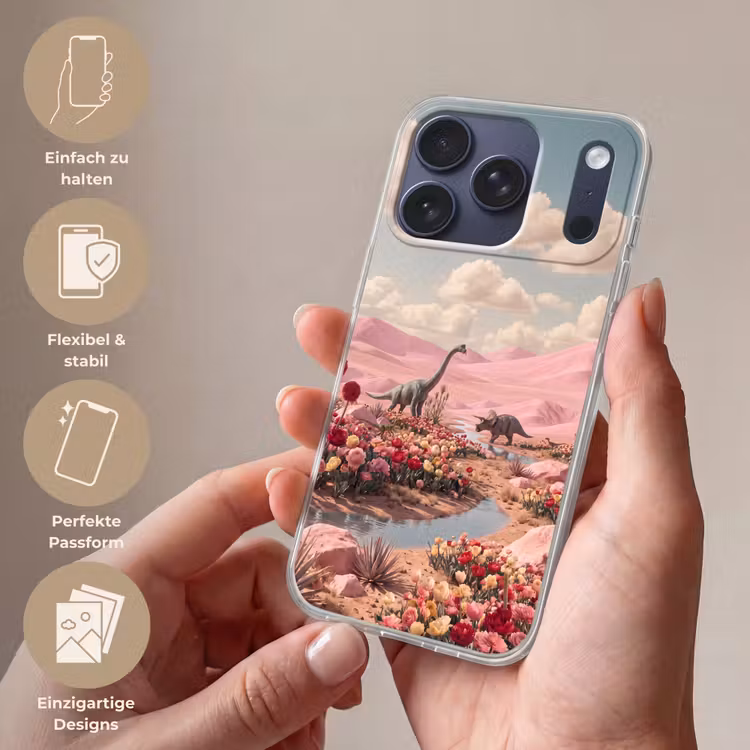 Handyhülle - Dinosaurier – Rosa – Landschaft - Dinosaurus - Roze - Landschap Telefoonhoesje iPhone 17 Pro klein