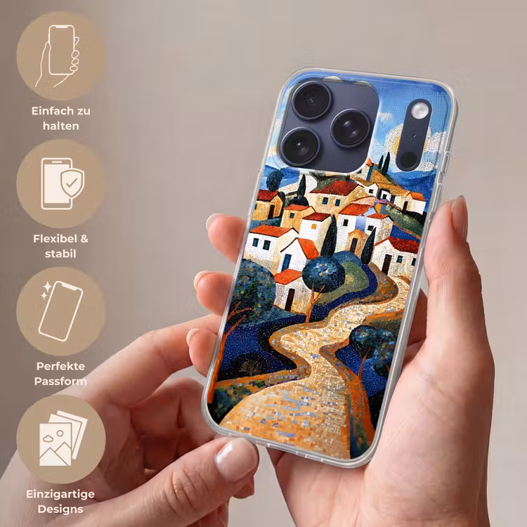 Dorp - Heuvelachtig - Zon - Mozaïek Telefoonhoesje iPhone 17 Pro klein -sfeer3_DE