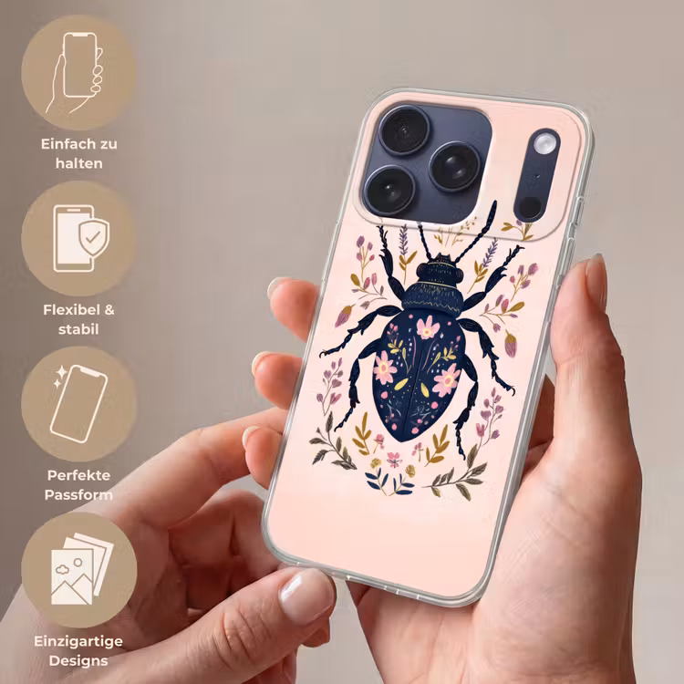 Donkerblauw - Kever - Bloemtakken - Sierlijk Telefoonhoesje iPhone 17 Pro klein -sfeer3_DE