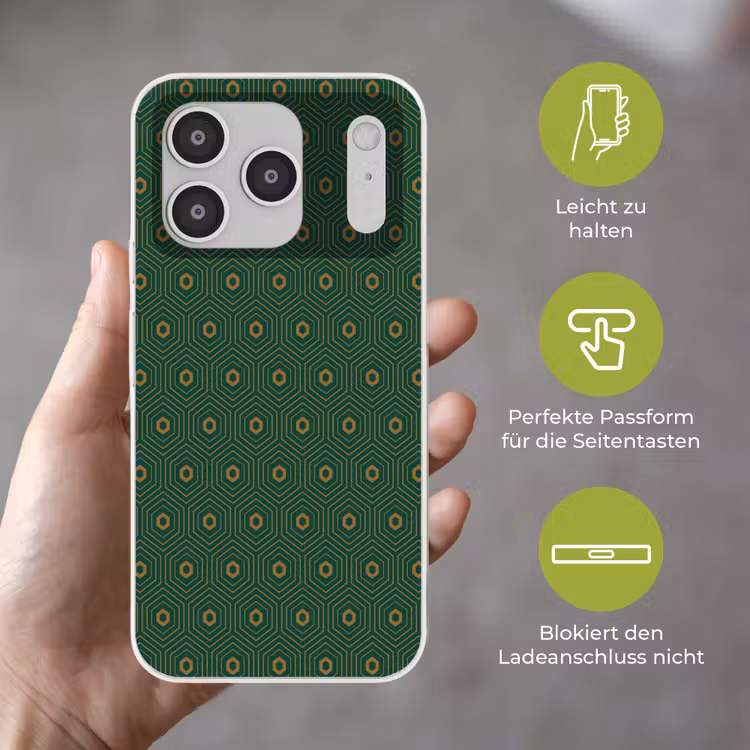 Donkergroen - Modern - Patroon - Goud Telefoonhoesje iPhone 17 Pro klein 878 -sfeer3_DE