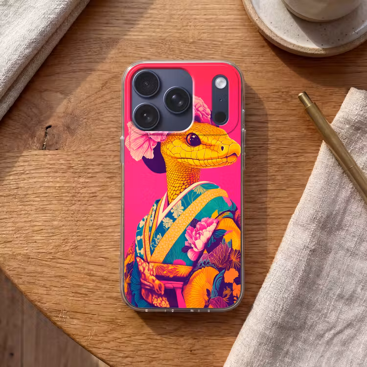 Hagedis - Bloemen - Roze - Kimono Telefoonhoesje iPhone 17 Pro klein -sfeer1