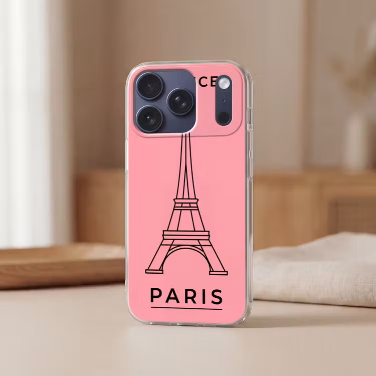 Eiffeltoren - Parijs - Architectuur - Minimalistisch - Roze Telefoonhoesje iPhone 17 Pro klein -sfeer2