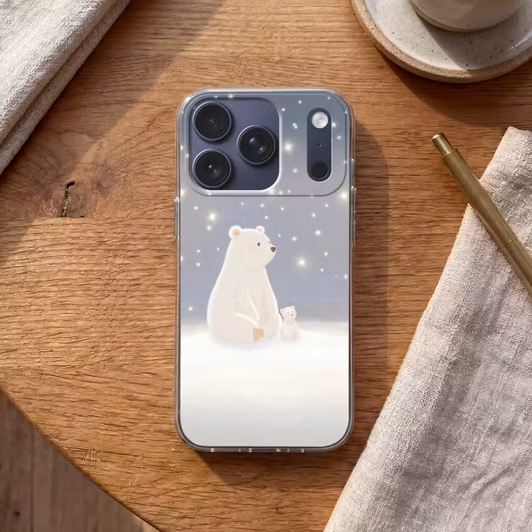 Ijsbeer - Sneeuw - Sterren - Blauw Telefoonhoesje iPhone 17 Pro klein -sfeer1