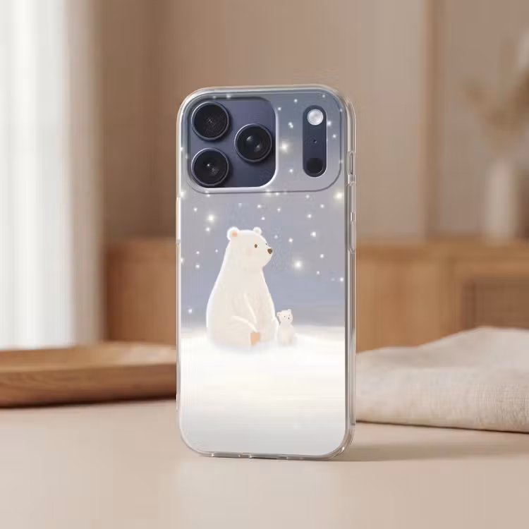 Ijsbeer - Sneeuw - Sterren - Blauw Telefoonhoesje iPhone 17 Pro klein -sfeer2