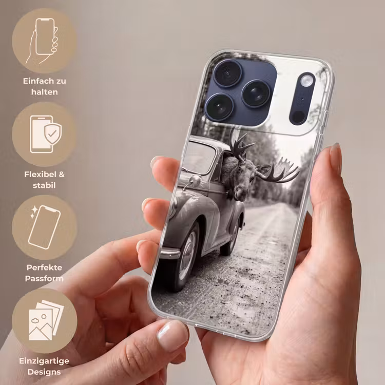Eland - Auto - Gewei - Zwart - Wit Telefoonhoesje iPhone 17 Pro klein -sfeer3_DE