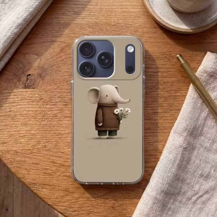 Olifant - Witte bloemen - Kindvriendelijk Telefoonhoesje iPhone 17 Pro klein -sfeer1