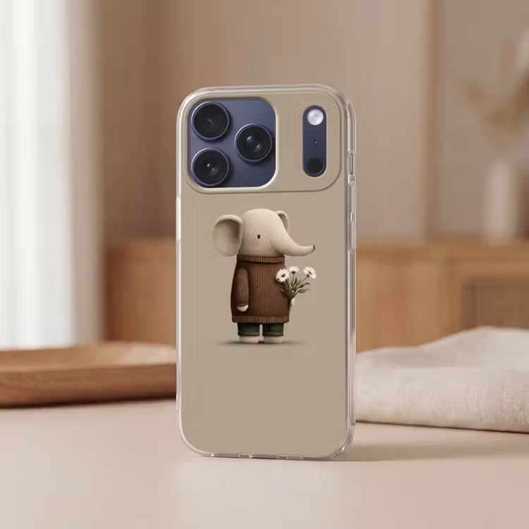 Olifant - Witte bloemen - Kindvriendelijk Telefoonhoesje iPhone 17 Pro klein -sfeer2
