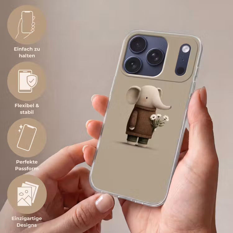 Olifant - Witte bloemen - Kindvriendelijk Telefoonhoesje iPhone 17 Pro klein -sfeer3_DE