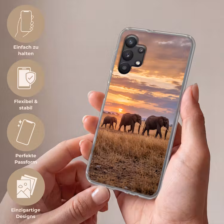 Olifanten - Savanne - Zonsondergang - Afrika - Warm Telefoonhoesje Samsung Galaxy A32 5G klein -sfeer3_DE
