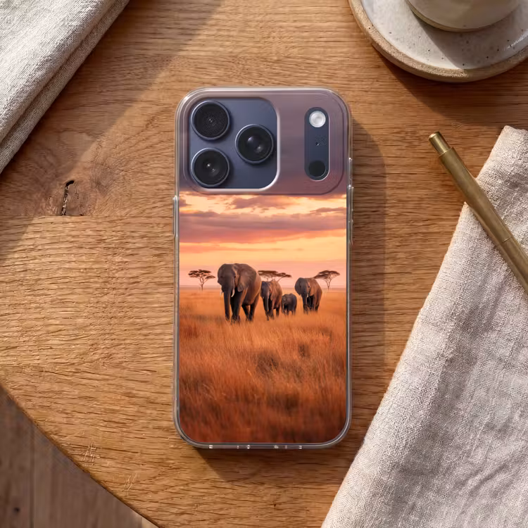 Groep olifanten - Open vlakte - Zon Telefoonhoesje iPhone 17 Pro klein -sfeer1