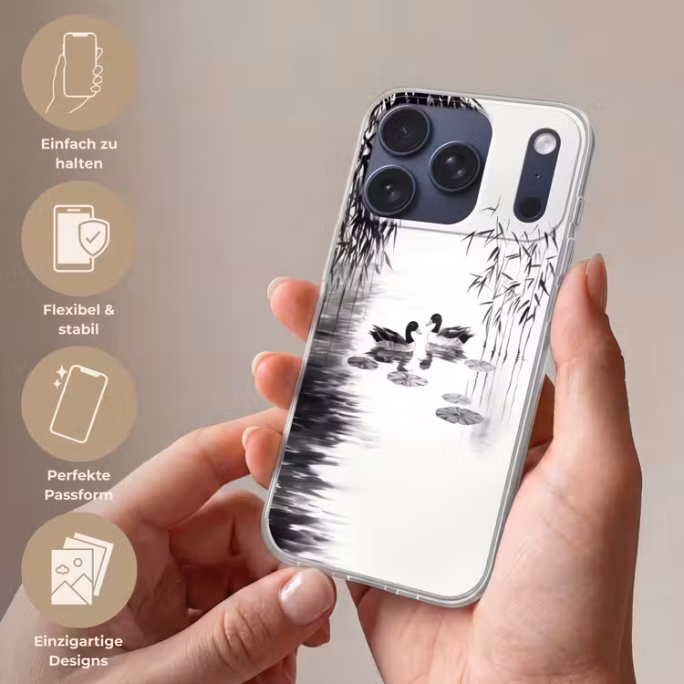 Eenden - Waterlelies - Riet - Zwart Telefoonhoesje iPhone 17 Pro klein -sfeer3_DE