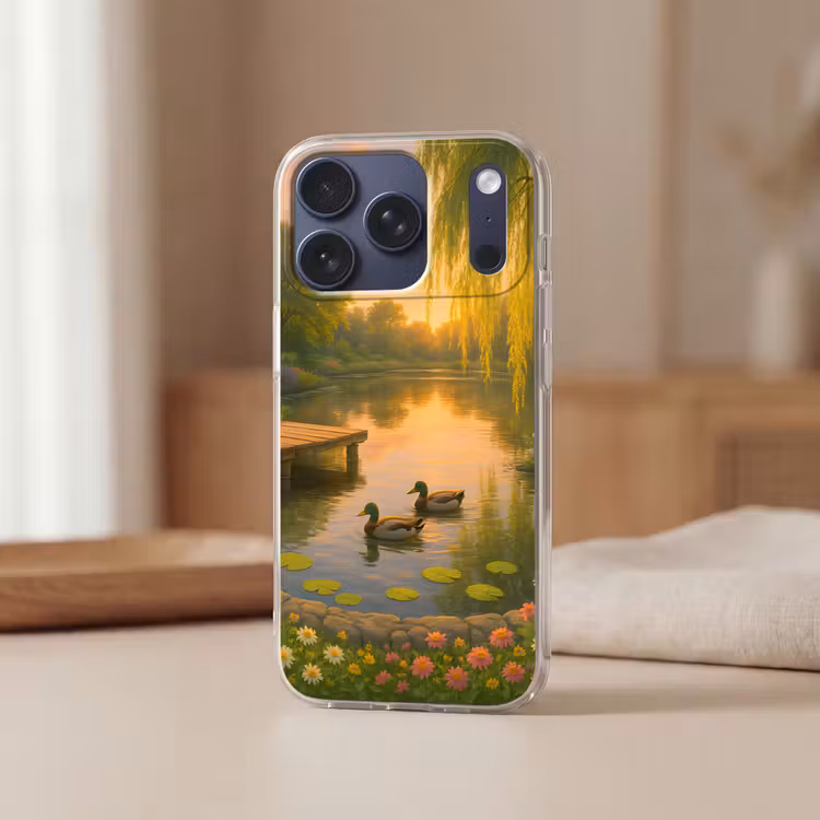 Eenden - Vijver - Bloemen Telefoonhoesje iPhone 17 Pro klein -sfeer2