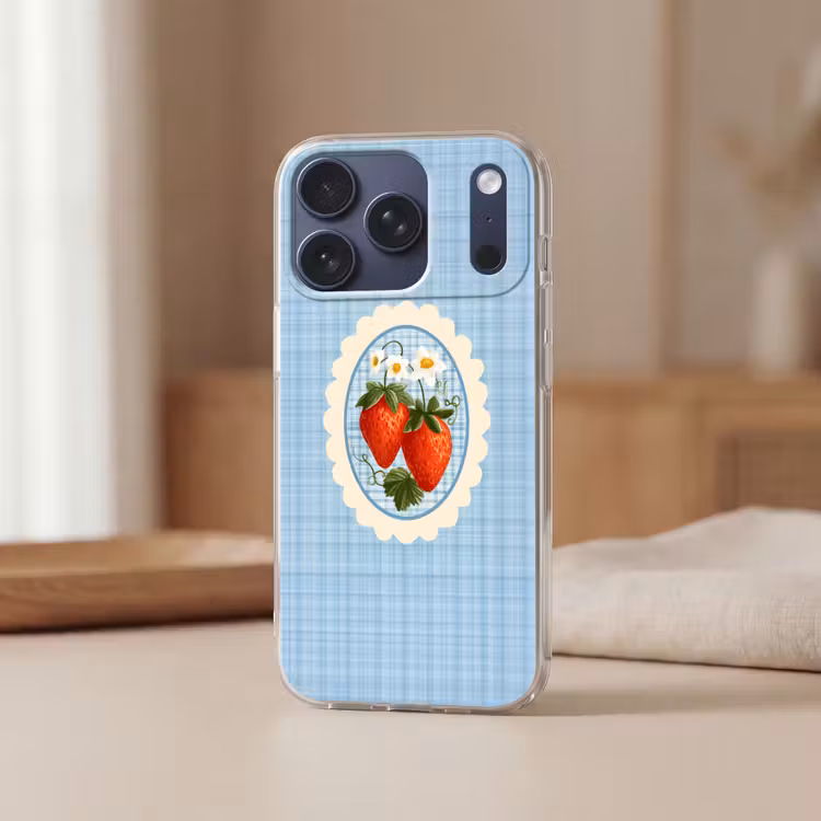 Aardbeien - Lijst - Rood - Geruit Telefoonhoesje iPhone 17 Pro klein -sfeer2