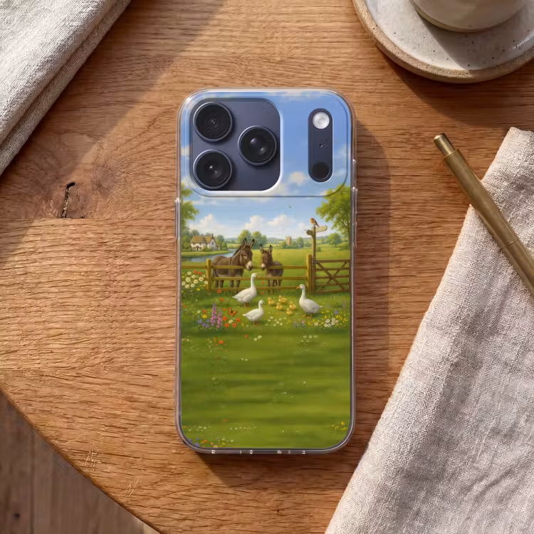 Ezels - Ganzen - Kleurrijk Telefoonhoesje iPhone 17 Pro klein -sfeer1