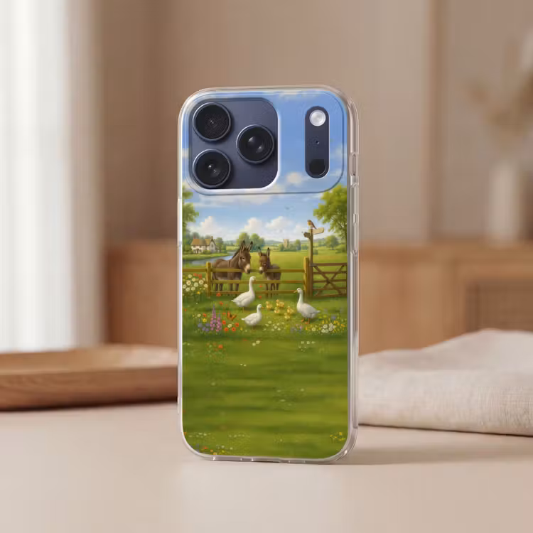 Ezels - Ganzen - Kleurrijk Telefoonhoesje iPhone 17 Pro klein -sfeer2