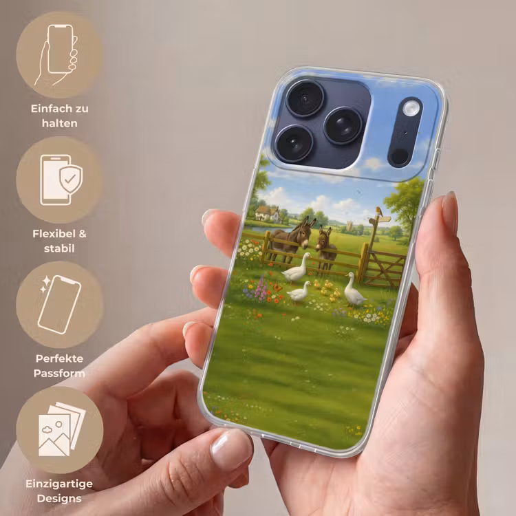 Ezels - Ganzen - Kleurrijk Telefoonhoesje iPhone 17 Pro klein -sfeer3_DE