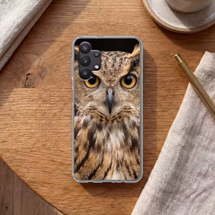 Oehoe - Uil - Portret - Bruin Telefoonhoesje Samsung Galaxy A32 5G klein -sfeer1