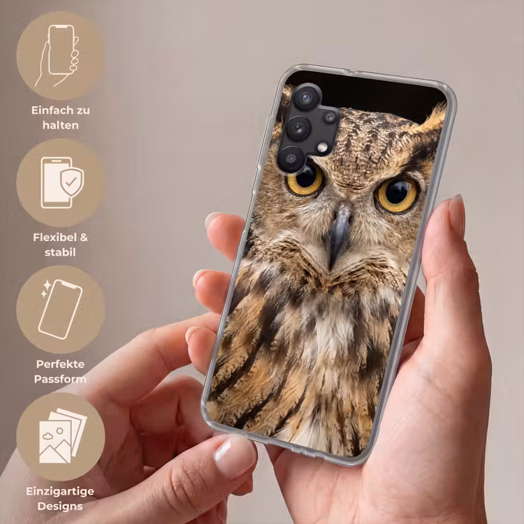 Oehoe - Uil - Portret - Bruin Telefoonhoesje Samsung Galaxy A32 5G klein -sfeer3_DE