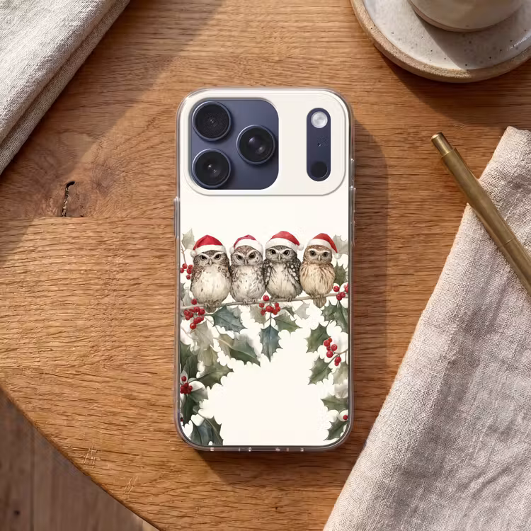 Uilen - Tak - Hulstblaadjes - Kerstmuts Telefoonhoesje iPhone 17 Pro klein -sfeer1