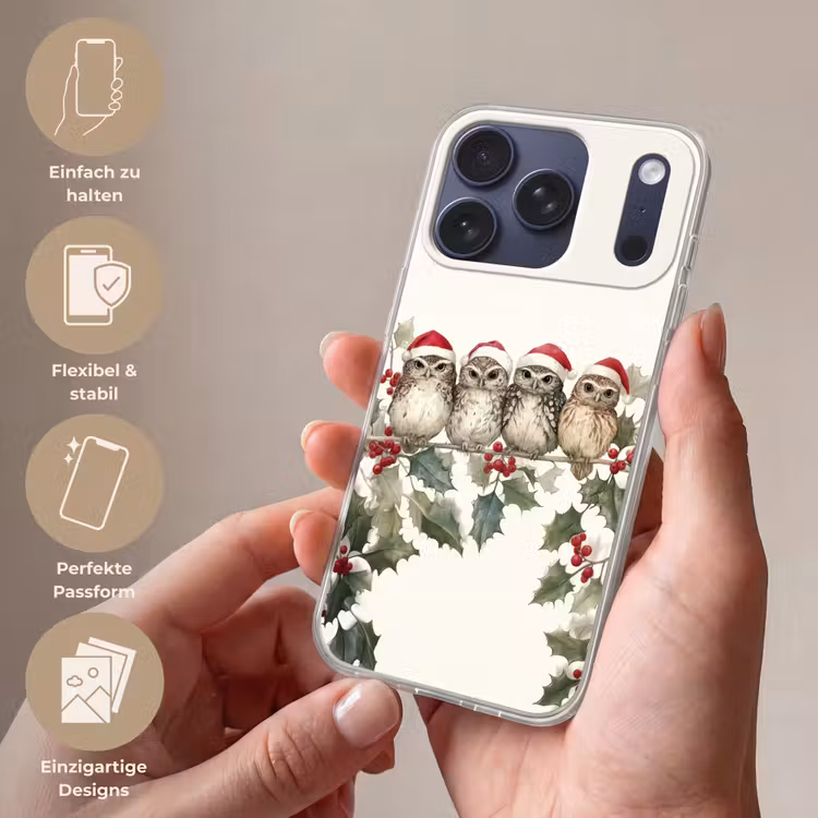 Uilen - Tak - Hulstblaadjes - Kerstmuts Telefoonhoesje iPhone 17 Pro klein -sfeer3_DE