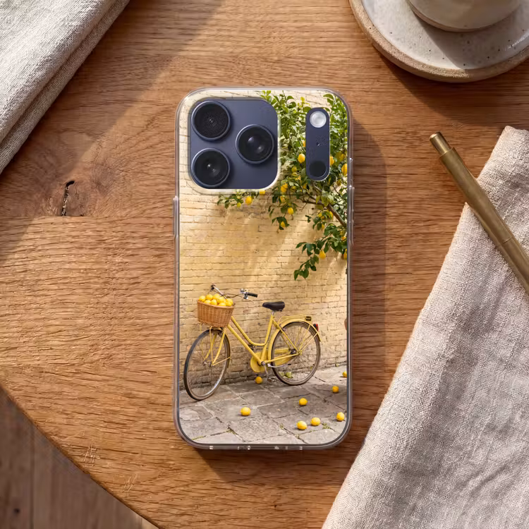 Fiets - Mand - Eten - Geel - Zomer Telefoonhoesje iPhone 17 Pro klein -sfeer1