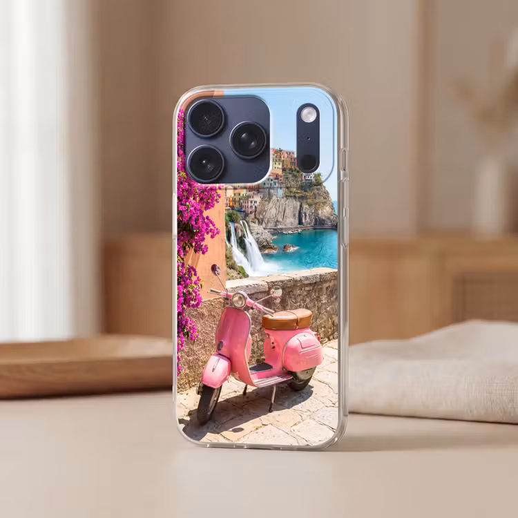 Voertuig - Roze - Kust - Zomer - Reizen Telefoonhoesje iPhone 17 Pro klein -sfeer2