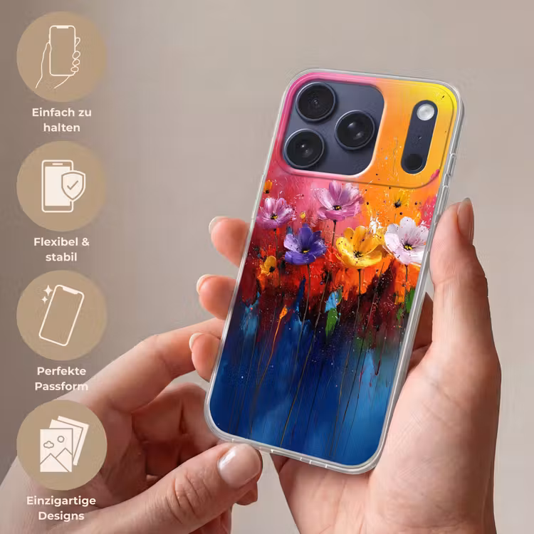 Fantasiebloemen - Verf - Speels Telefoonhoesje iPhone 17 Pro klein -sfeer3_DE