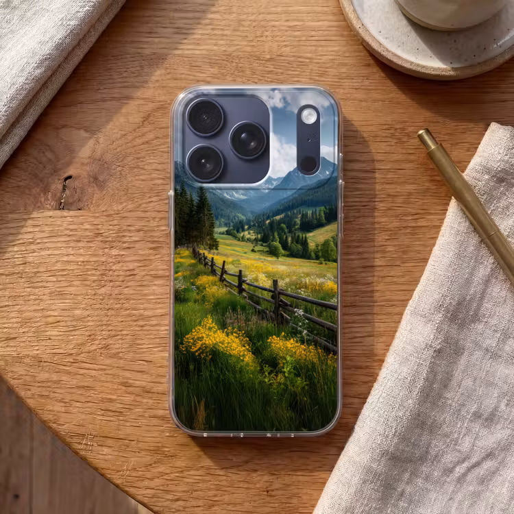 Veld - Hek - Bergen - Bloemen Telefoonhoesje iPhone 17 Pro klein -sfeer1