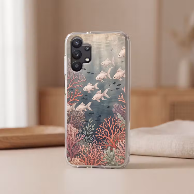 Vis - Koraal - Onderwater - Illustratie - Vintage Telefoonhoesje Samsung Galaxy A32 5G klein -sfeer2