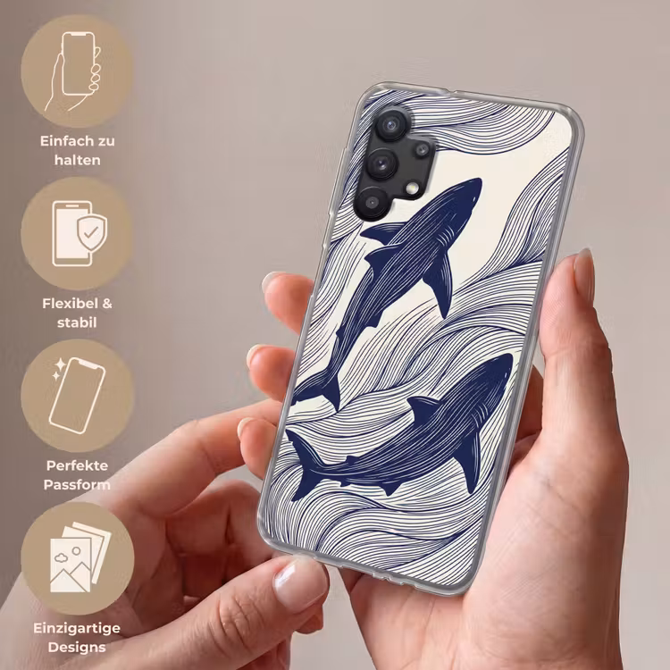 Vis - Oceaan - Lijntekening - Blauw - Dieren Telefoonhoesje Samsung Galaxy A32 5G klein -sfeer3_DE