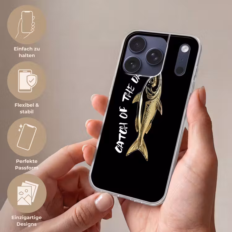 Vis - Zwart - Goud - Tekst Telefoonhoesje iPhone 17 Pro klein -sfeer3_DE