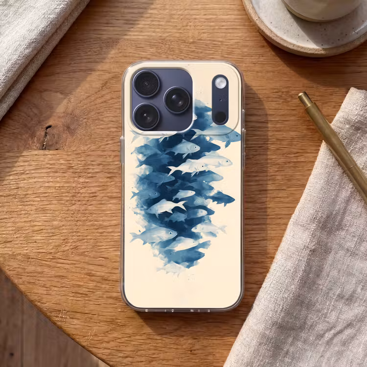 Vissen - Minimalistisch - Blauw Telefoonhoesje iPhone 17 Pro klein -sfeer1