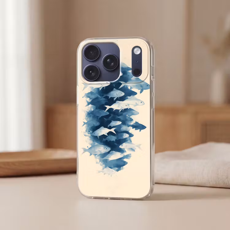 Vissen - Minimalistisch - Blauw Telefoonhoesje iPhone 17 Pro klein -sfeer2