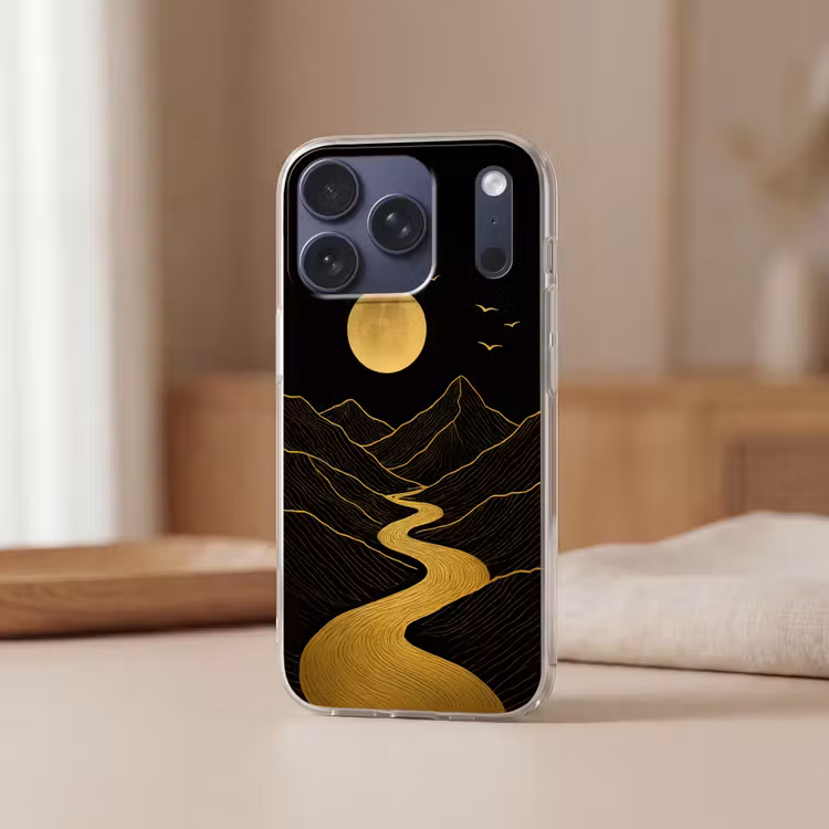 Rivier - Goud - Maan - Vogels Telefoonhoesje iPhone 17 Pro klein -sfeer2