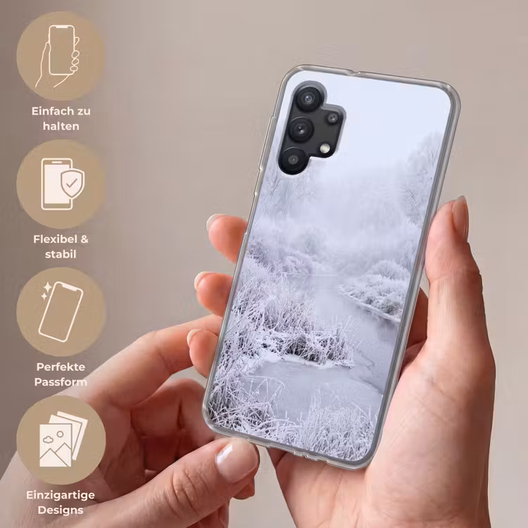 Rivier - Sneeuw - Bos - Winter - Schilderachtig Telefoonhoesje Samsung Galaxy A32 5G klein -sfeer3_DE