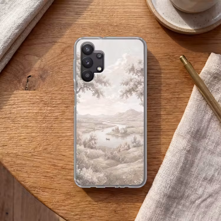 Rivierlandschap - Bergen - Natuur - Vintage - Beige Telefoonhoesje Samsung Galaxy A32 5G klein -sfeer1
