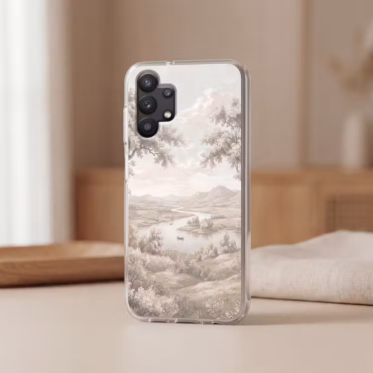 Rivierlandschap - Bergen - Natuur - Vintage - Beige Telefoonhoesje Samsung Galaxy A32 5G klein -sfeer2