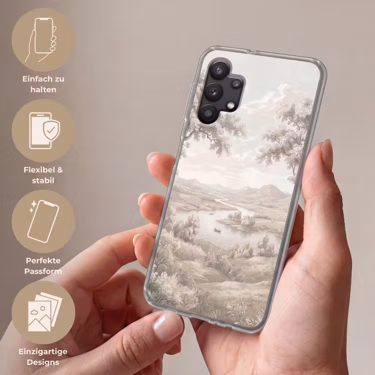 Rivierlandschap - Bergen - Natuur - Vintage - Beige Telefoonhoesje Samsung Galaxy A32 5G klein -sfeer3_DE