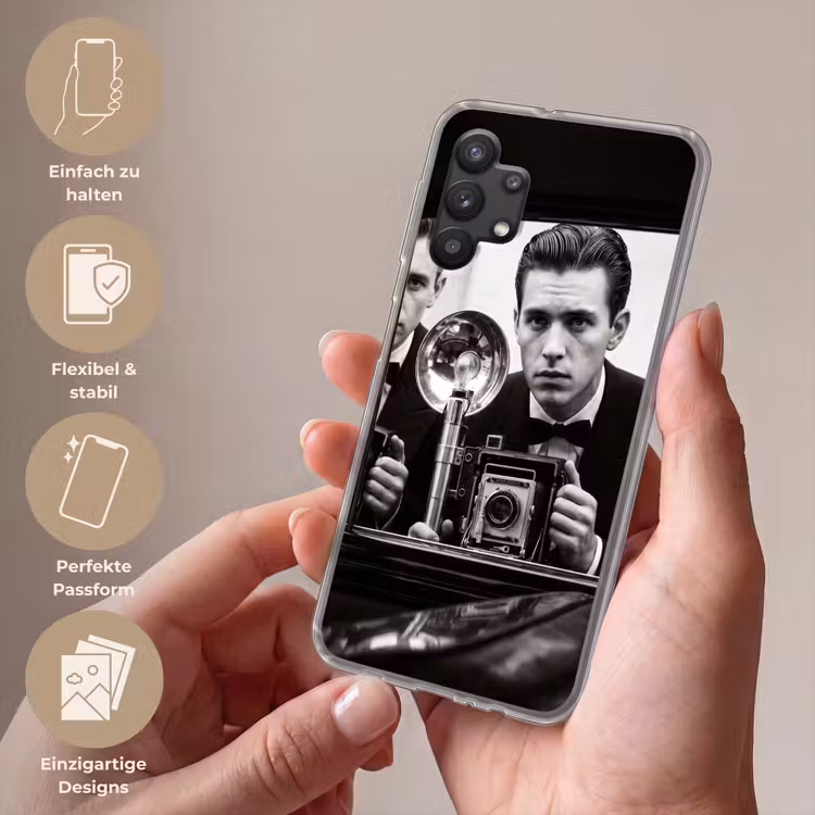 Fotograaf - Camera - Vintage - Journalistiek - Zwart-wit Telefoonhoesje Samsung Galaxy A32 5G klein -sfeer3_DE