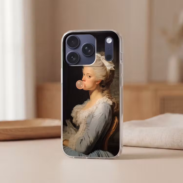 Vrouw - Barokjurk - Kauwgom Telefoonhoesje iPhone 17 Pro klein -sfeer2
