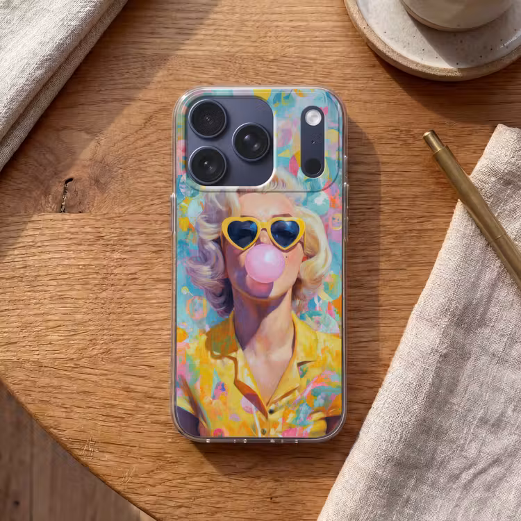 Vrouw - Blond - Roze kauwgom - Kleurrijk - Pastel Telefoonhoesje iPhone 17 Pro klein -sfeer1
