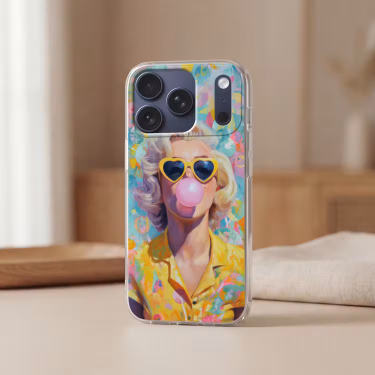 Vrouw - Blond - Roze kauwgom - Kleurrijk - Pastel Telefoonhoesje iPhone 17 Pro klein -sfeer2
