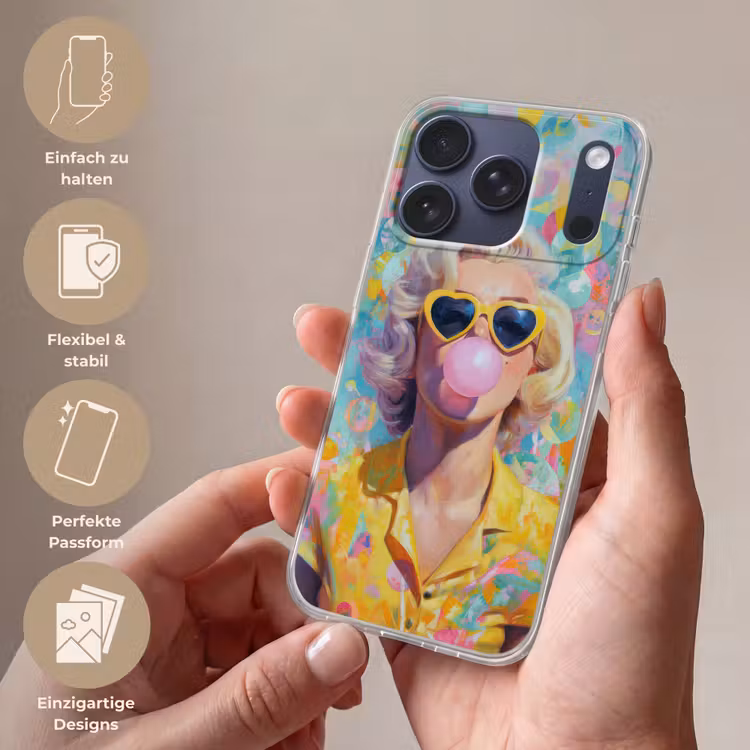 Vrouw - Blond - Roze kauwgom - Kleurrijk - Pastel Telefoonhoesje iPhone 17 Pro klein -sfeer3_DE
